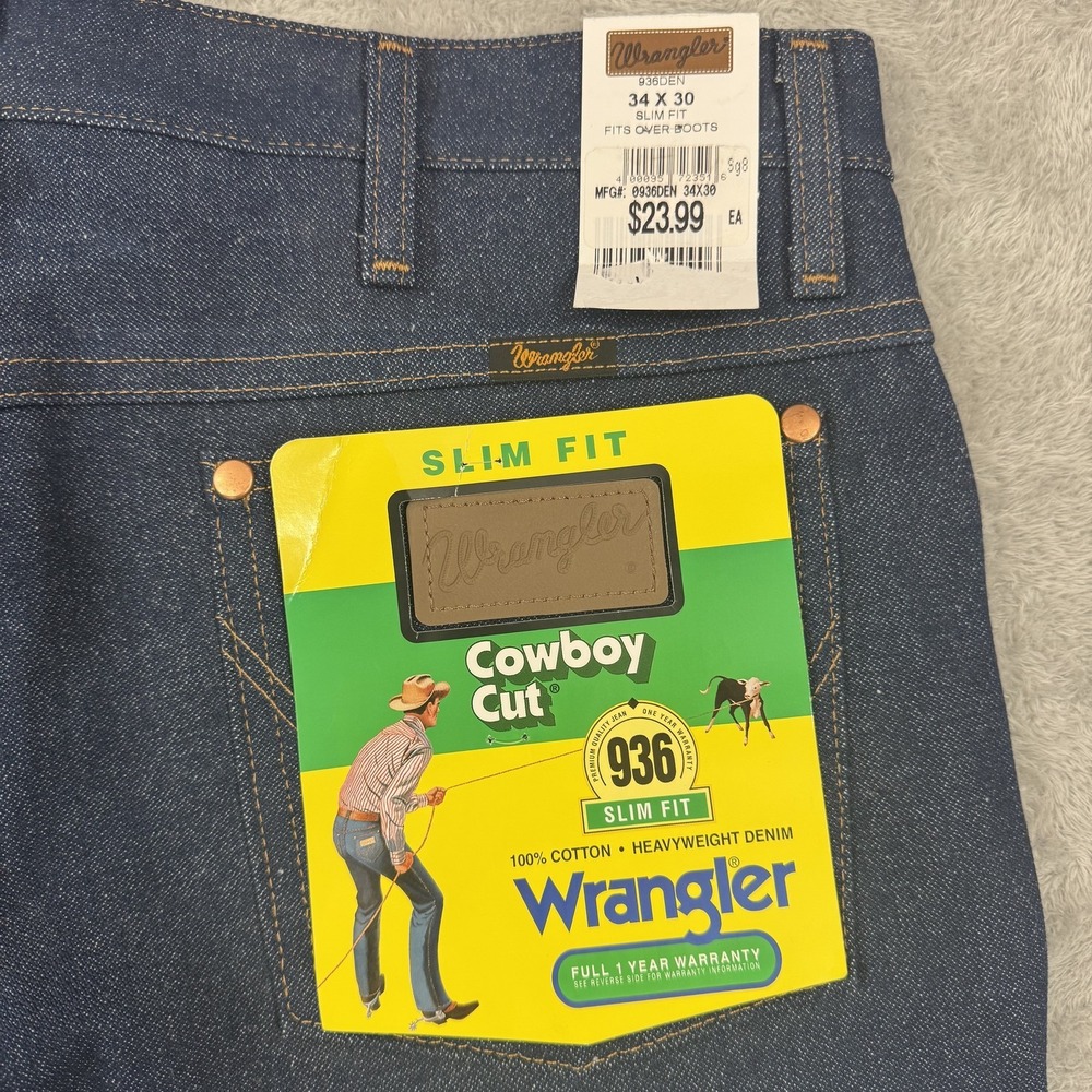 Wrangler Cowboy Cut Slim Fit Jeans Mens 34x30 Dark Wash Indigo 936DEN Denim NWT - Picture 7 of 16